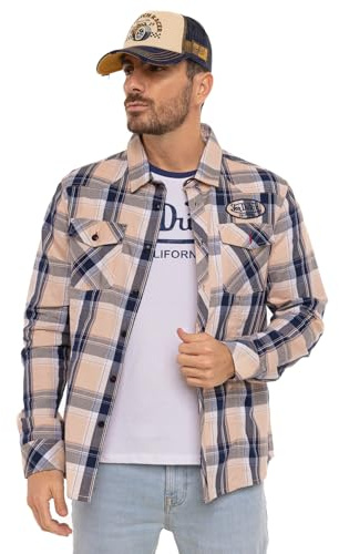 Von Dutch Chemise Homme Manches Longues à Carreaux Patch et Print Dos Ethan, Rose Taille M