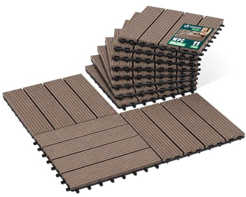 VOUNOT® Set de 11 Baldosas de Exterior WPC 30x30cm 1m² Suelo Terraza Balcón Losetas Antideslizantes con Drenaje Azulejos de Entrelazados para Jardín Patio Losas Baldosa Encastrable Sistema Clic Marrón