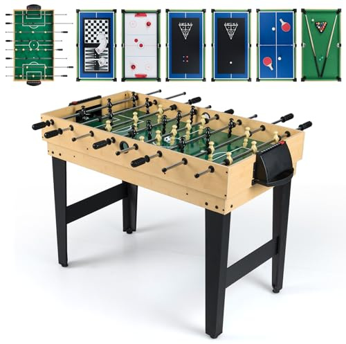 COSTWAY Multi Game Table, 10 in 1 Combo Game Tables with Football, Air Hockey, Table Tennis, Shuffleboard, Bowling and 4 Board Games, for Home Party Gathering (Natural+Black)