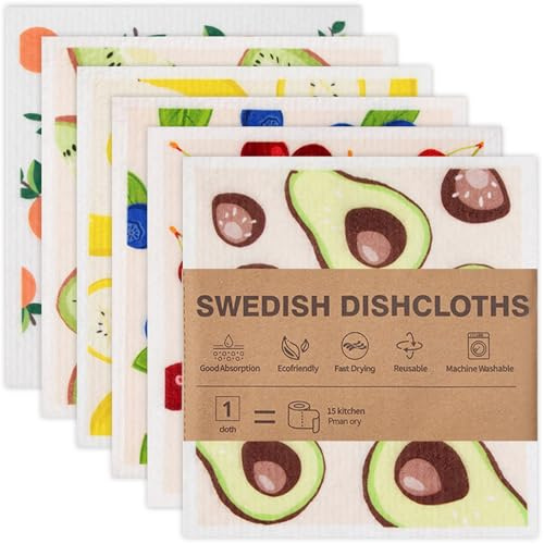 6 Cellulose Cotton Swedish Dishcloths, 18 x 20 cm Reusable Fruit Set | 70% Cellulose And 30% Cotton, Absorbs Everyday Spills, Quick-Drying And Washable, 6 Fruit-Pattern Cloths For Kitchen Surfaces