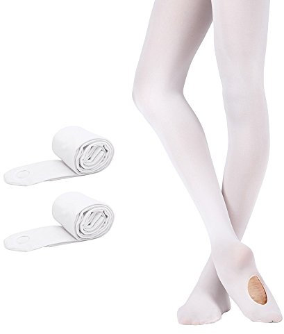 Bezioner Ballett Strumpfhose 2 Paar Cabrio Tanzstrumpfhose mit Fersenloch für Kinder Mädchen und Damen Weiß L (über 140cm)