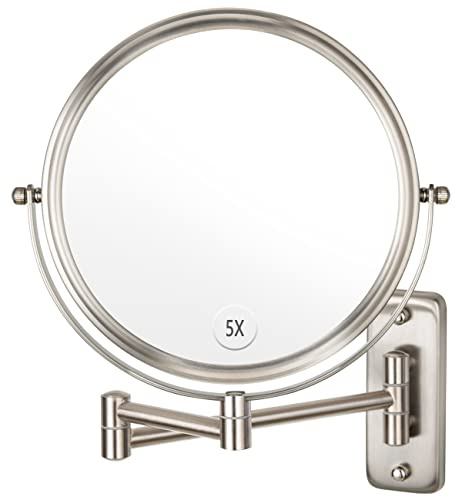 ALHAKIN Espejo de Maquillaje montado en la Pared – 5 aumentos de 8 Pulgadas de Doble Cara Giratorio Extensible baño Espejo Acabado de níquel