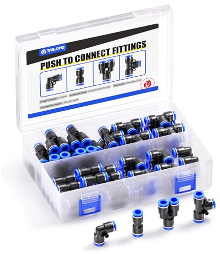 Tailonz Pneumatic 1/4 Inch od Push to Connect Fittings Pneumatic Fittings Kit 10 Spliters+10 Elbows+10 tee+10 Straight (40 pcs)
