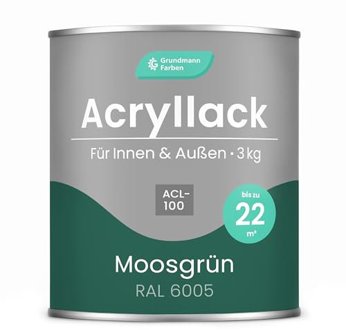 Grundmann Acryllack ACL 100 - Grün 3 Kg - 4in1 Lack inkl. Grundierung - Innen und Außen - Für Holz, Metall, Stein & Kunststoff - Moosgrün RAL 6005