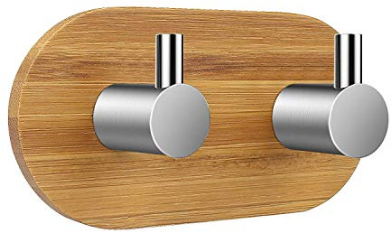 1 Stück Kleber Doppelhaken Bambus und Edelstahl Handtuchhalter für Küche Bad WC Schrank silber