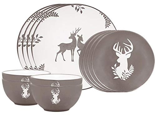 Christmas Dinner Set 12 Piece Grey Reindeer Crockery Set