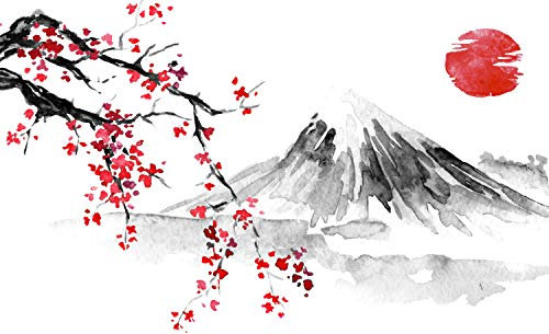 wandmotiv24 Photo murale Dessin de paysage de style japonais XS 150 x 105cm - 3 pièces photo, papier peint non tissé Art du Japon M5928