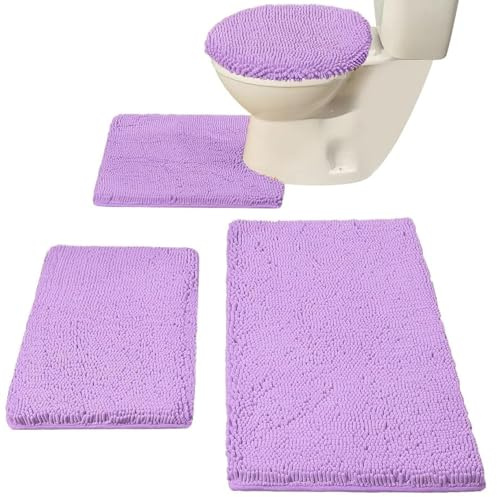 Madeals Chenille Badteppich-Set mit WC-Deckelbezug und U-förmigem WC-Vorleger - Lavendel