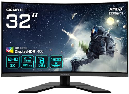 GIGABYTE G32QC A 31.5 QHD Curved Gaming Monitor - 2560 x 1440, 1500R, 165Hz, 1ms, 350 cd/m², FreeSync Premium Pro, Display HDR400, HDMI 2.0, Displayport 1.2