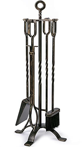 Amagabeli Set di 5 Attrezzi per Camino Set da Camino in Ferro battuto con pinze da Poker Porta Scopa e Pala Utensili da Fuoco Accessorio Rustico da Esterno Oro Nero