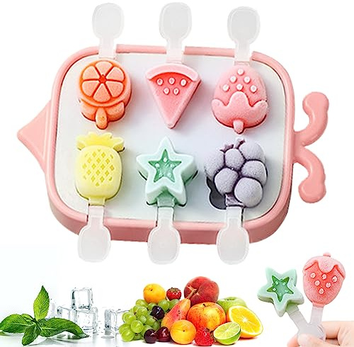 Bluelves Moldes Helados, 6 Pack Moldes para polos helados, Molde Helados Silicona con Palo, Poleras Helado para Bebé, Niño y Adultos（Frutas）