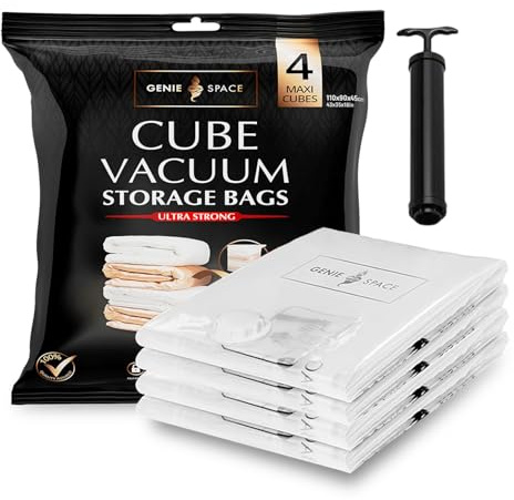 GENIE SPACE Premium Cube Vakuumbeutel für Kleidung, Bettwäsche & Aufbewahrung – 4er Pack MAXI (110×90×45 cm), Luftdicht, Geruchsdicht & Wiederverwendbar – Doppelt versiegelt, mit Handpumpe