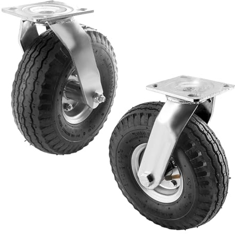 (2 Pack) RRQ 10 Inch Caster Wheels, Pneumatic Swivel Caster Wheels with Zinc Top Plate 360 Degree Rotation for Cart, Dolly, Trolley, Workbench and Wagon, Black Rubber Wheels, 600 Lbs Total Capacity