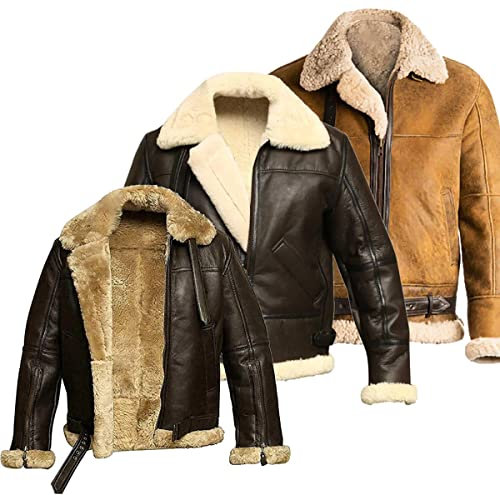 Män Shearling äkta fårskinn läder bomber pilot flygarjacka B3 WWII flygande cockpit jacka tjock ull inomhus/inomhus brun