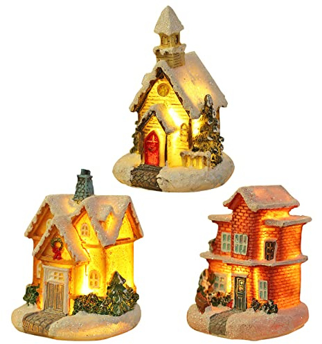 Christmas Village Houses Set 3Pcs LED Light Up Christmas Ornament Kits Christmas Resin Ornament Buildings Scene Christmas Decorations Luminous Snow House Holiday Lighting Xmas Party Decor (House)