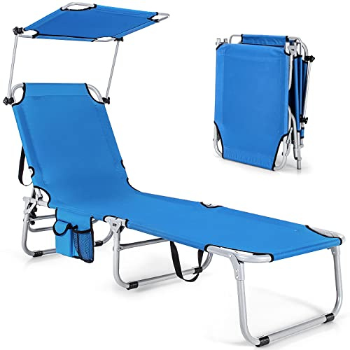 GIANTEX Sedia da Giardino Sdraio Pieghevole Regolabile in 5 Posizioni, Lettino da Sole Reclinabile, Ergonomia con Parasole e Tasca Portaoggetti Laterale, Poltrona da Giardino, 3 Colori (Blue)