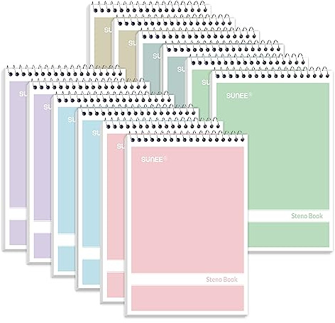 SUNEE 12 Pack Steno Pads 6x9 Inch, Gregg Rule, 60 Sheets, 6 Assorted Color Top Spiral Notebook, White Paper for School, University, College, Work and Office