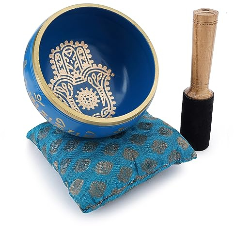 Ajuny Klangschale Tibetisch 10cm – Hamsa Hand Design, Blaue OM-Glocke für Meditation, Yoga & Entspannung – Set mit Schlägel und Kissen