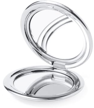 eBuyGB Silver Metallic Compact Makeup Mirror, Small 1X/2X Magnifying Round Double Sided Pocket Mirror, Portable Folding Mirror for Travel, Birthday