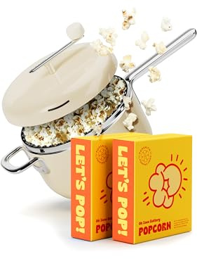 POPSMITH Starter-Set in Cremefarben – 6 Quart Popcorn-Maschine mit 5 Kino-Popcorn und 5 Wasserkocher, Mais-Popcorn-Kits – Edelstahl-Popcorn-Maschine, kompatibel mit allen Herdarten