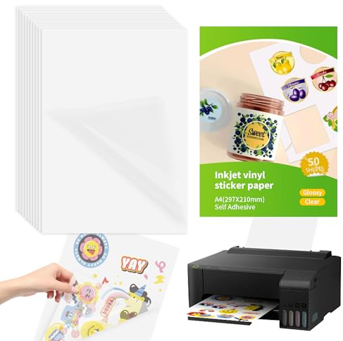 YKUKIZEE 50 Sheets Self Adhesive A4 Clear Inkjet Vinyl Sticker Paper Glossy, Waterproof Printable Sticker Paper, Sticker Printer Paper for Laser Inkjet Printable DIY Sticker