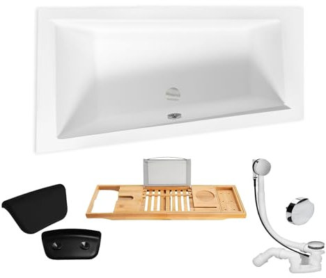 KOLMAN Badewanne INTIMA Eckbadewanne 160x90 Links ohne Verkleidung + Bambus Ablage, Ablaufgarnitur und Füßen Komplettset 5in1 Premium Original Acryl Wanne Siphon