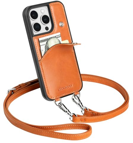 LUCKYCOIN Crossbody Wallet Phone Case for iPhone 13 Pro,100% Genuine Leather Phone Purse Case for Women,with Expandable Card Holder,with Adjustable & Removable Strap Retro Brown