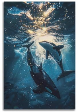 Poster mit Tiermotiven, Motiv: Zwei Killerwale spielen, dekoratives Gemälde, Leinwand, Wandposter und Kunstdruck, moderne Familienschlafzimmer-Dekoration, Poster, 30 x 45 cm