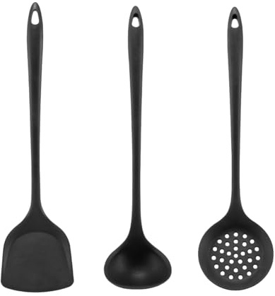 Kit d'Ustensiles de Cuisine en Silicone, 3pcs Spatules, Louches à Soupe, Cuillère Passoire, Ustensiles de Cuisine Antiadhésive Résistants à Chaleur pour Cuire, Ramasser, Mélanger, Fouetter (Noir)