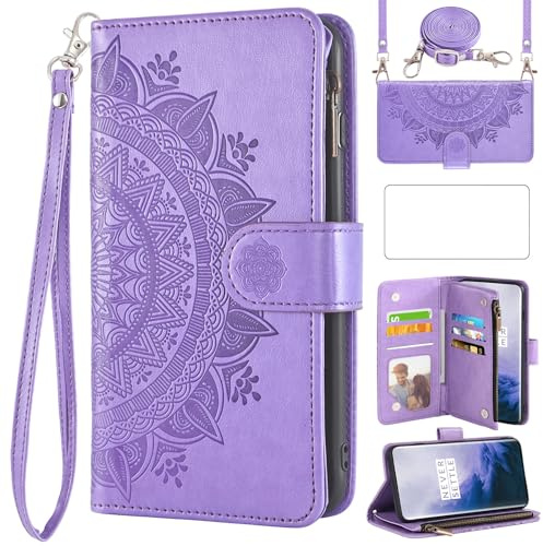 Asuwish Funda tipo cartera para OnePlus 7 Pro con protector de pantalla de vidrio templado y tarjetero de flores de mandala para celular OnePlus7Pro 5G One Plus 1+7 1Plus OnePlus7 7Pro One+ 1 + Siete,