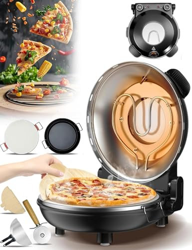 Electric Pizza Maker 1200W, 12 Indoor Pizza Oven with Pizza Stone & Grill Pan, Built-in Thermometers, Timer, Viewing Window, Heats up to 420℃ Pizza Cooker