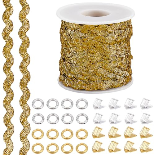 GORGECRAFT 25 m Goldene Zackenlitzen Borte Metallische Fransenborte Mit Wellenmuster 5mm Glitzernde Zackenlitzen Stoffborte Gewelltes Randband Geflochtener Webstoff Zum Nähen Basteln Verpacken von Wei