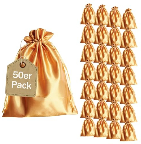 SPRINTIS Satinsäckchen gold, 15 x 20 cm (50 Stück) - edle Geschenkbeutel mit Satinband – wiederverwendbare Schmuckbeutel, perfekt für Weihnachten und Hochzeit