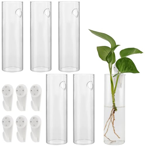 JEUIHAU 6 PCS Glass Wall Mounted Planters, Wall Glass Tube Plant Holder, Clear Glass Flower Vases Wall Hanging, Wall Plant Propagation Containers for Hydroponics Plants, Garden Decor