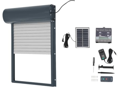 Automatische Hühnerklappe Solar mit LCD Display, Timer und Lichtsensor, Elektrische Hühnerstalltür mit Fernbedienung, Einklemmschutz, 4 Modi für Haushalten Bauernhöfen Grau
