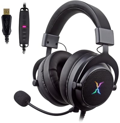 FOXXRAY HAU-37 - Cuffie da gioco USB per PC, cuffie per computer con microfono, suono surround 7.1, driver dinamici da 50 mm, luce RGB, cuffie cablate per PS4, PS5, laptop, colore nero