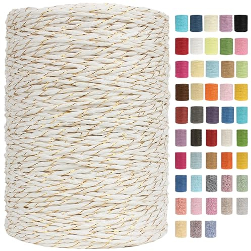Raffia Garn Zum Häkeln Papiergarn Bast 2mm X 300m Geflochten Raffia Papierdraht, Weiches Geflochtenes Bastband Natur, Strickgarn Bast Zum Häkeltaschen, Körbe, Hüte Handarbeiten (Weiß/Gold,2mm)
