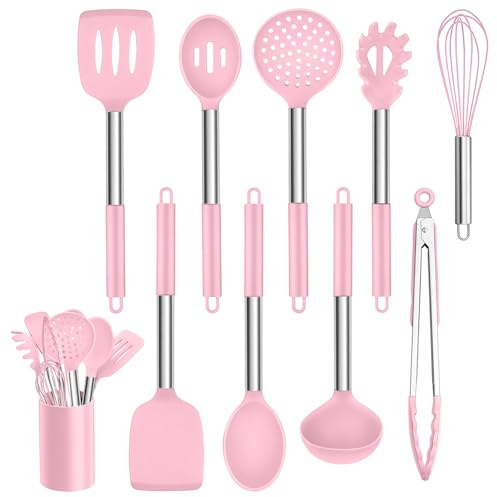Küchenhelfer Set, Homikit 10 Stück Silikon Küchenutensilien Kochbesteck Set mit Edelstahlgriff, Antihaft Hitzebeständiger Rosa Kochutensilien Set, Gesund, Spülmaschinenfest