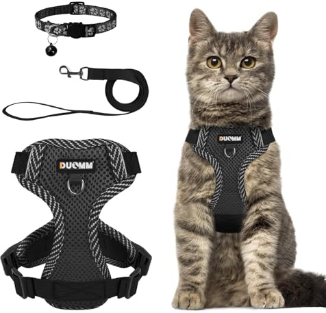 Dricar Katzengeschirr mit Leine Ausbruchsicher Verstellbar, Katzenleine mit Geschirr für Katzen, Komfortables Katzen Geschirr mit Reflektierenden Streifen für Kleine Hunde Spaziergänge (Schwarz, XL)