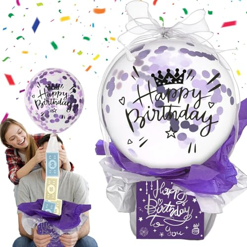 Caja sorpresa de cumpleaños para regalos de dinero, caja sorpresa con globos, caja de globos para regalos de dinero, globos de cumpleaños, embalaje para familiares y amigos (morado)