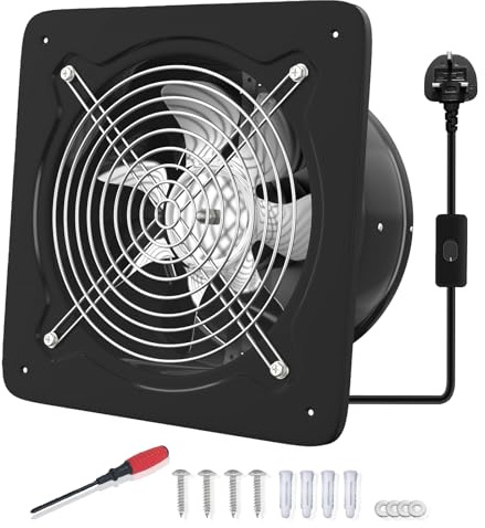 FanGoFast 10 Inch/250mm Kitchen Exhaust Fan 1680m³/h Metal Extractor Fan with UK Plug Low Noise Stainless Steel Ventilation Fan for Warehouse Home Restaurant Garage (Black, 250mm)