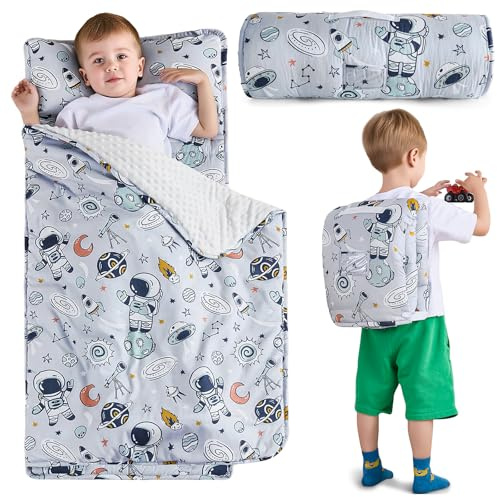 DJY Toddler Nap Mat Space Ship Slumber Bag,Kid Sleeping Mat with Removable Pillow & Minky Blanket,Perfect for Daycare,Preschool,Kindergarten,Travel