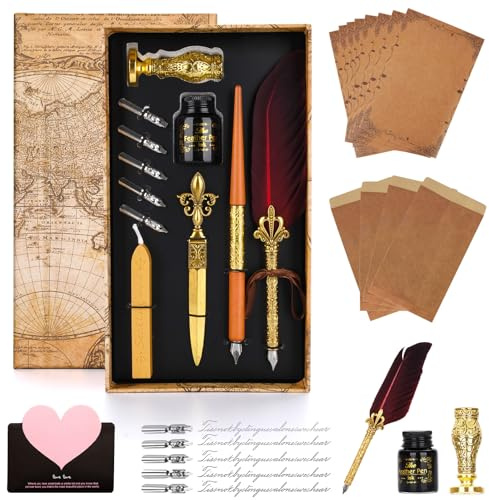 WUSUPU Kalligraphie Set 24-teilig – Vintage Federkiel & Holz Dip Pen mit 5 Federn,Tinte,Siegelstempel,Halter,Candler,letter opener,Envelopes and letter paper – Edles Geschenk für Anfänger & Profis