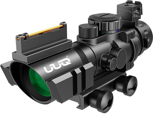 UUQ Prism 4x32 Red/Green/Blue Triple Illuminated Rapid Range Reticle Rifle Scope W/Top Fiber Optic Sight and Weaver Slots