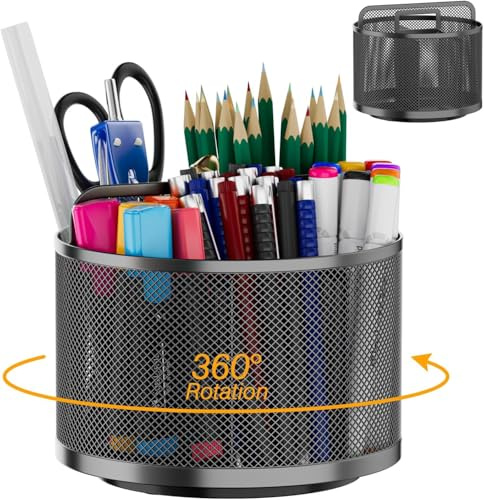 Mailain Schreibtisch Organizer, 360 Grad Drehbarer Stifthalter für Schreibtisch Zubehör, Stifte Organizer Schreibtischorganizer Mit 5 Fächern, Stift Aufbewahrungsbox für Büro (Schwarz, Rund)