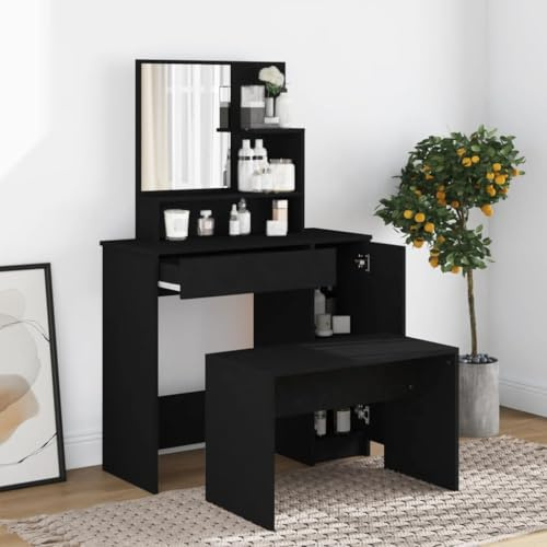 Toletta con Specchio in Legno Ingegnerizzato, con Cassetto e Ripiani, Vanity Desk for Makeup Elegante, Postazione Trucco Moderna, Toilette da Trucco con Anta per Cosmetici, Nero, 86.5x35x136 cm