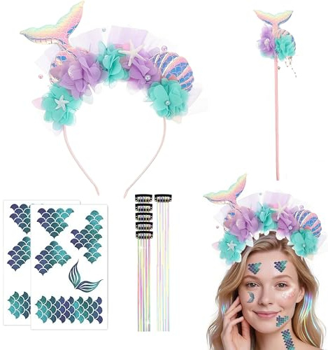 Zosutetoxo Meerjungfrau Kostüm Set Damen Mädchen, Glitzer Haarreif mit 2 Gesichtstattoos & 2 Haarsträhnen für Karneval Party Meerjungfrau Accessoires