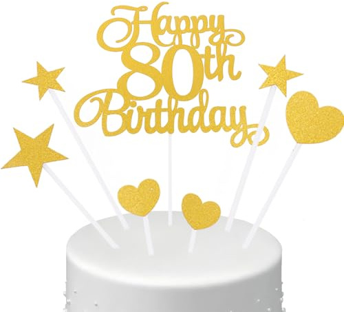 KIUEIZR 80th Birthday Cake Toppers with Heart Star Design, 7pcs Gold Decorations for Women, Congratulations Cake Topper Sticks for 80 Years Old Women Men Birthday Celebration