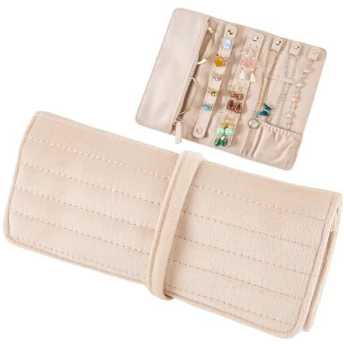 CREATCABIN Tragbare Schmuckrolle Aus Samt Beige Faltbar Für Halsketten Ringe Ohrringe Und Armbänder Aufbewahrungstasche Für Mehrere Halsketten 3.35 x 0.79(5) cm ((1) Zoll)