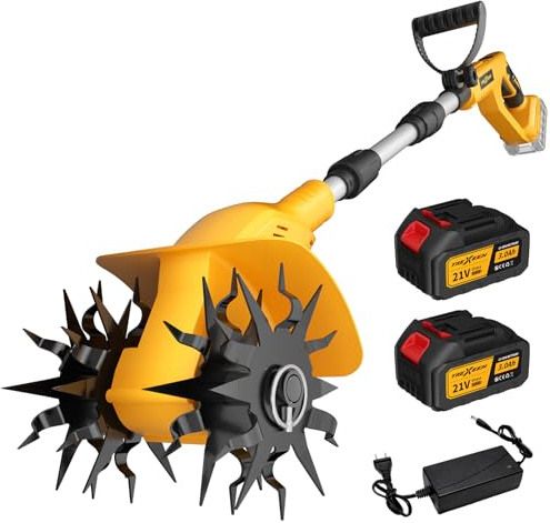 Akku-Gartenfräse, Akku-Bodenhacke, Elektro-Bodenhacke 21V mit 2 x 3,0-Ah-Akkus, 20 cm Fräsbreite, 16 cm Frästiefe, 360 U/min, 40 Rostfreie Zahnräder für Beet, Acker & Landwirtschaft